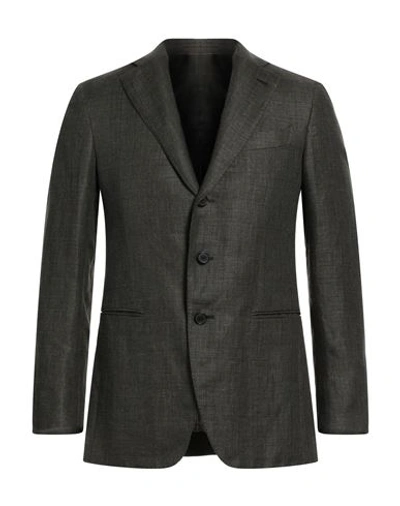 Caruso Man Blazer Military Green Size 40 Linen, Wool
