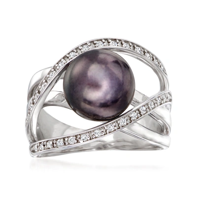 Ross-simons 10mm Black Cultured Pearl And . White Zircon Highway Ring In Sterling Silver In Purple