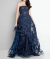 TERANI COUTURE STRAPLESS PROM DRESS IN NAVY