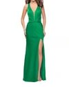 La Femme Halter Gown In Bright Emerald In Multi