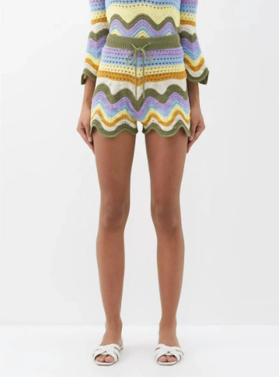 Zimmermann Scalloped Striped Crochet-knit Cotton Shorts In Multi