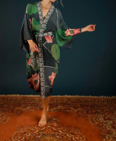 Powder Crane At Sunrise Kimono Gown In Charcoal In Pink