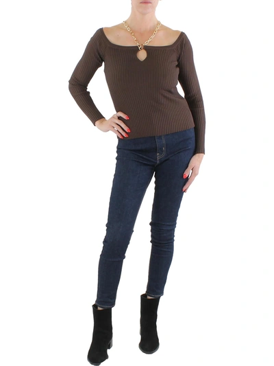 Moon River Womens Hardware Ribbed Pullover Sweater In Brown