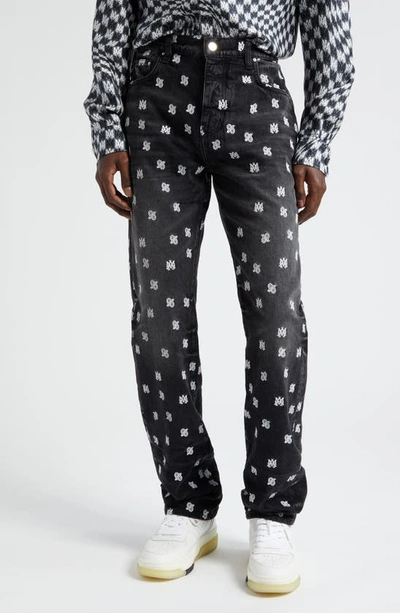 Amiri Embroidered Logo Paisley Straight Leg Jeans In Faded Black