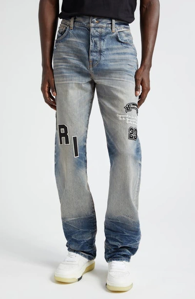 Amiri Straight-leg Logo-appliquéd Embroidered Distressed Jeans In Vintage Indigo