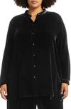 EILEEN FISHER BAND COLLAR VELVET LONGLINE BUTTON-UP SHIRT