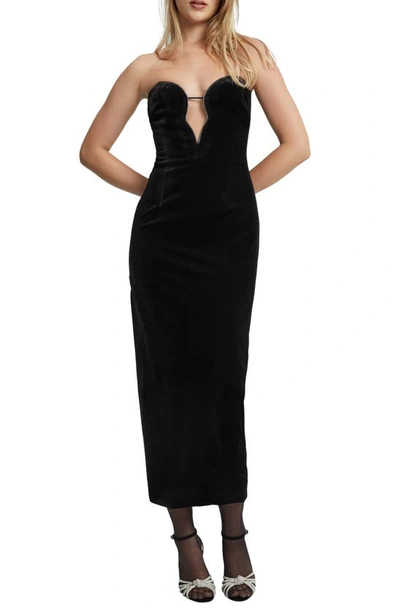 BARDOT LILAH STRAPLESS STRETCH VELVET MIDI DRESS