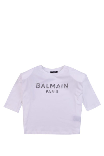 Balmain Kids' Logo印花棉t恤 In White