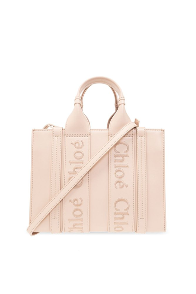 Chloé Woody Logo Embroidered Small Tote Bag In Pink