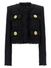 Balmain Cropped Button-embellished Frayed Metallic Tweed Blazer