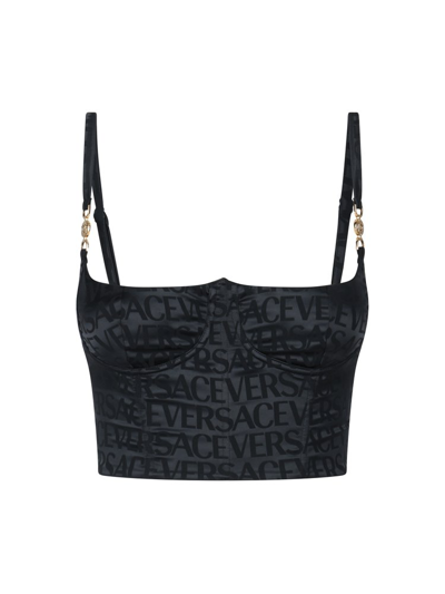 Versace Allover 印花紧身胸衣式文胸 In Black