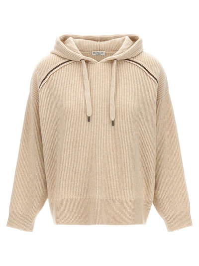 Brunello Cucinelli Monile Hooded Sweater In Beige