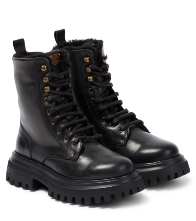 Dolce & Gabbana Kids' Leather Combat Boots In Black