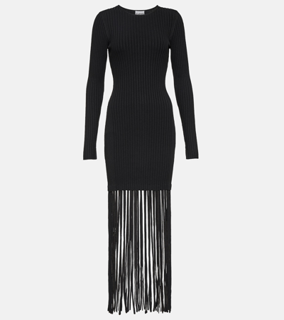 Ganni Melange-knit Fringe Midi Dress In Black