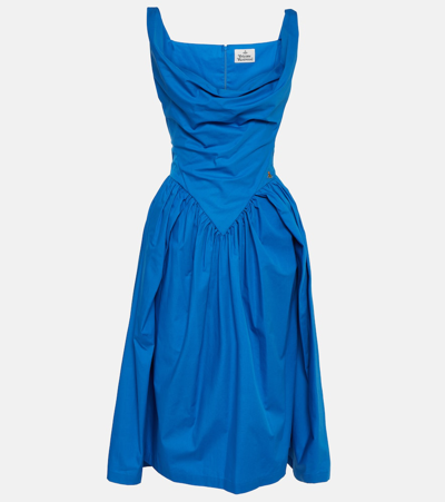 Vivienne Westwood Gathered Cotton Poplin Midi Dress In Blue | ModeSens