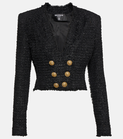 Balmain Button-embellished Metallic Tweed Jacket In Black