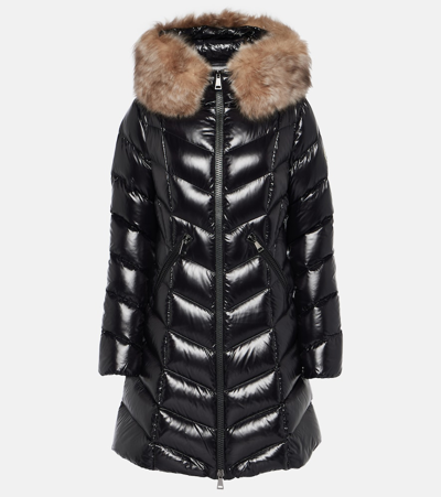 Moncler Marre Long Puffer Coat With Faux Fur Ruff In Black