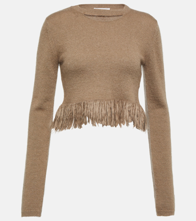 Jw Anderson Fringe-hem Cutout Long-sleeve Crop Sweater In Fawn