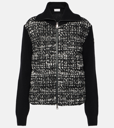 Moncler Wool Knit Cardigan With Tweed Puffer Front In Dark Grey