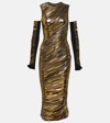 Dolce & Gabbana Foiled Organzine Calf-length Dress With Gloves In Gold