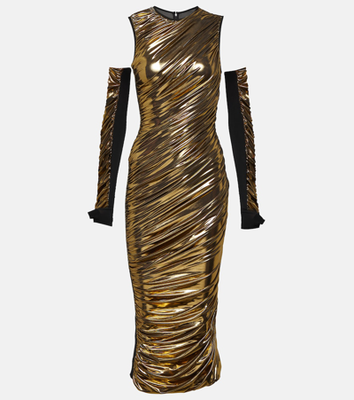 Dolce & Gabbana Foiled Organzine Calf-length Dress With Gloves In Gold