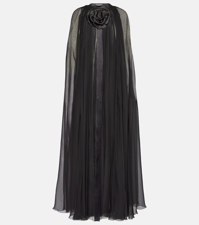 Dolce & Gabbana Silk Chiffon Cape With Flower Appliqué In Black