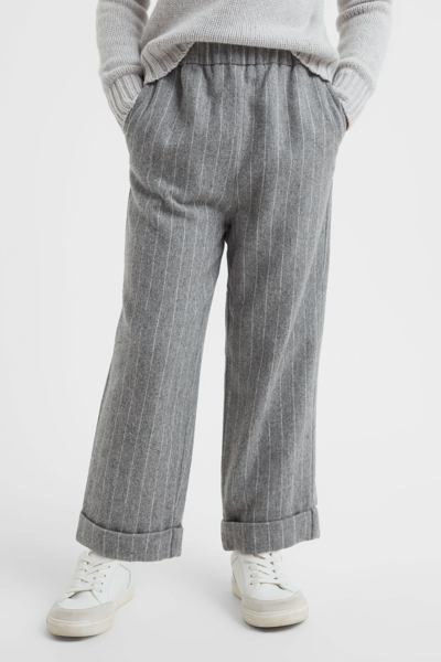 Reiss Kids' Faye - Grey Junior Wool Blend Striped Elasticated Trousers, Age 8-9 Years