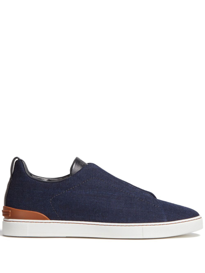 Zegna Blue Cotton Denim Triple Stitch Low Top Sneakers In Medium Blue