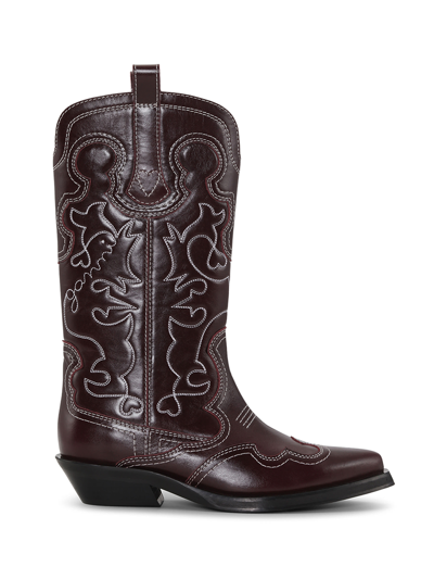 Ganni Women Mid Shaft Embroidered Western Boots In Burgundy