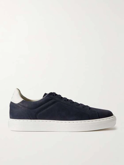 Brunello Cucinelli Leather-trimmed Brushed-suede Trainers In Cr Dark Blue