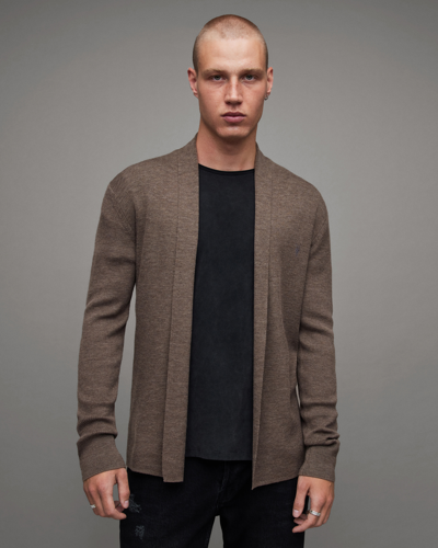 Allsaints Mode Merino Wool Open Cardigan In Vole Brown Marl