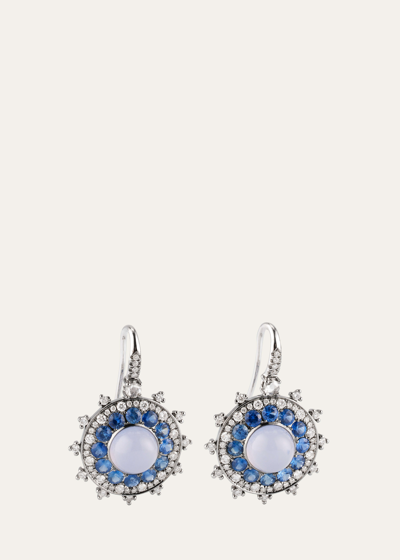 Nam Cho White Gold With Black Rhodium Small Bulls Eye Earrings With Chalcedony, Sapphire And Diamonds In Blue