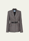 PRADA PRINCE OF WALES LEATHER BELTED BLAZER