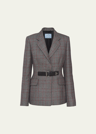 Prada Single-breasted Prince Of Wales Mouliné Coat In Grey