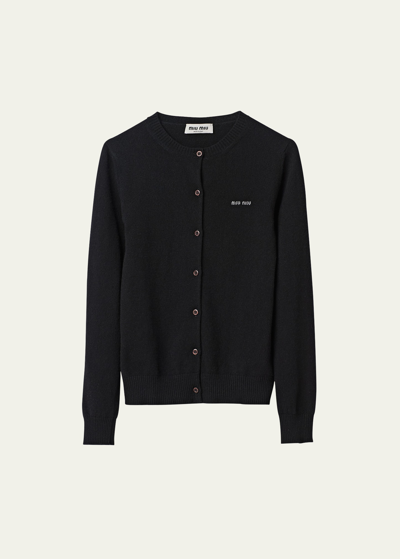 Miu Miu Intarsia Logo Cashmere Cardigan In F0002 Nero