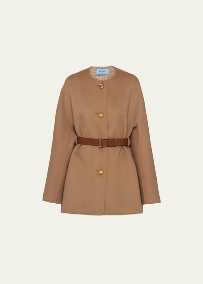 Prada Double Wool Leather Belted Caban Jacket In Brown
