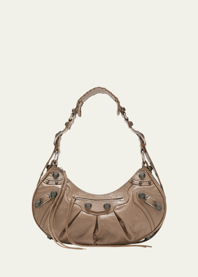 Balenciaga Cagole Studded Texture Leather Shoulder Bag In Brown