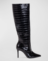 Black Suede Studio Tory Croco Stiletto Knee Boots In Black Shiny Croc