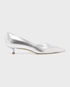 Stuart Weitzman Stuart Metallic Leather Kitten-heel Pumps In Silver