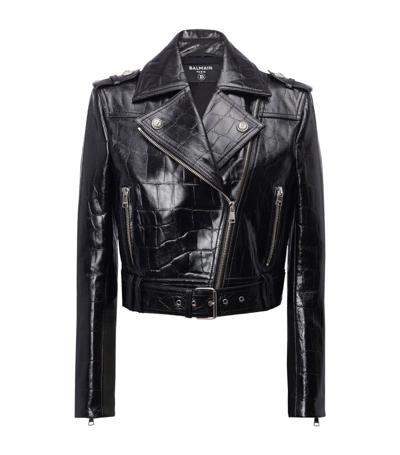 Balmain Croc-embossed Leather Crop Biker Jacket In Black