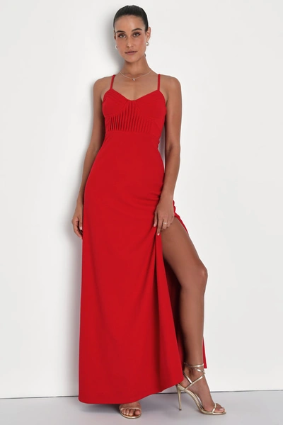 Lulus Alluring Inspiration Red Pleated Sleeveless Bustier Maxi Dress
