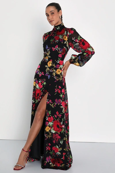 Lulus Graceful Arrival Black Floral Burnout Backless Maxi Dress