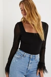 LULUS EFFORTLESSLY LUXE BLACK FEATHER LONG SLEEVE BODYSUIT