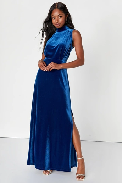 Lulus Classic Elegance Blue Velvet Sleeveless Mock Neck Maxi Dress