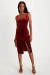 LULUS BABY, YOU'RE THE ONE RUST RED VELVET SLEEVELESS MIDI DRESS