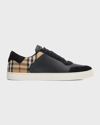 Burberry Men's Stevie Leather And Check Low-top Sneakers In Black-archive Bei