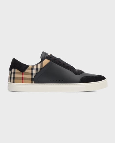 Burberry Men's Stevie Leather And Check Low-top Sneakers In Black-archive Bei