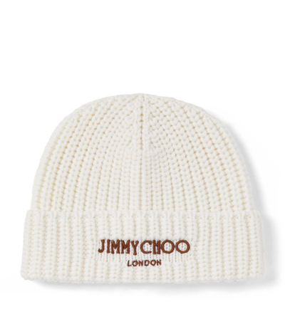 Jimmy Choo Logo-embroidered Ribbed-knit Beanie In S100 Latte/khaki Brown