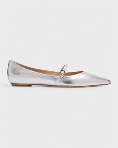 Stuart Weitzman Emilia Metallic Mary Jane Ballerina Flats In Silver