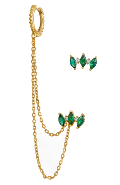 Savvy Cie Jewels 18k Yellow Gold Plated Cubic Zirconia Mismatched Chain Climber Earrings In Green
